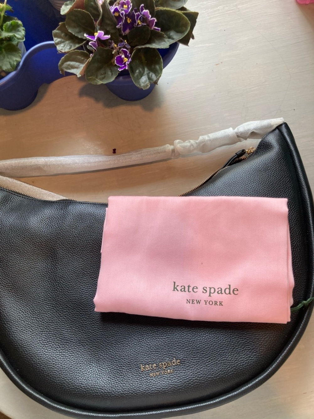 Kate Spade Black Pebbled Leather Crescent Hobo Bag with Gold Hardware